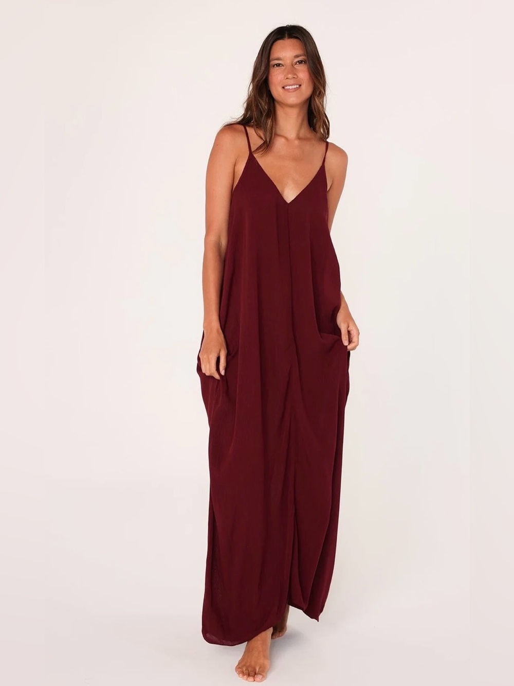 lovestitch Burgundy V-Neck Spaghetti Strap Maxi Dress romantic chic cocoon fit